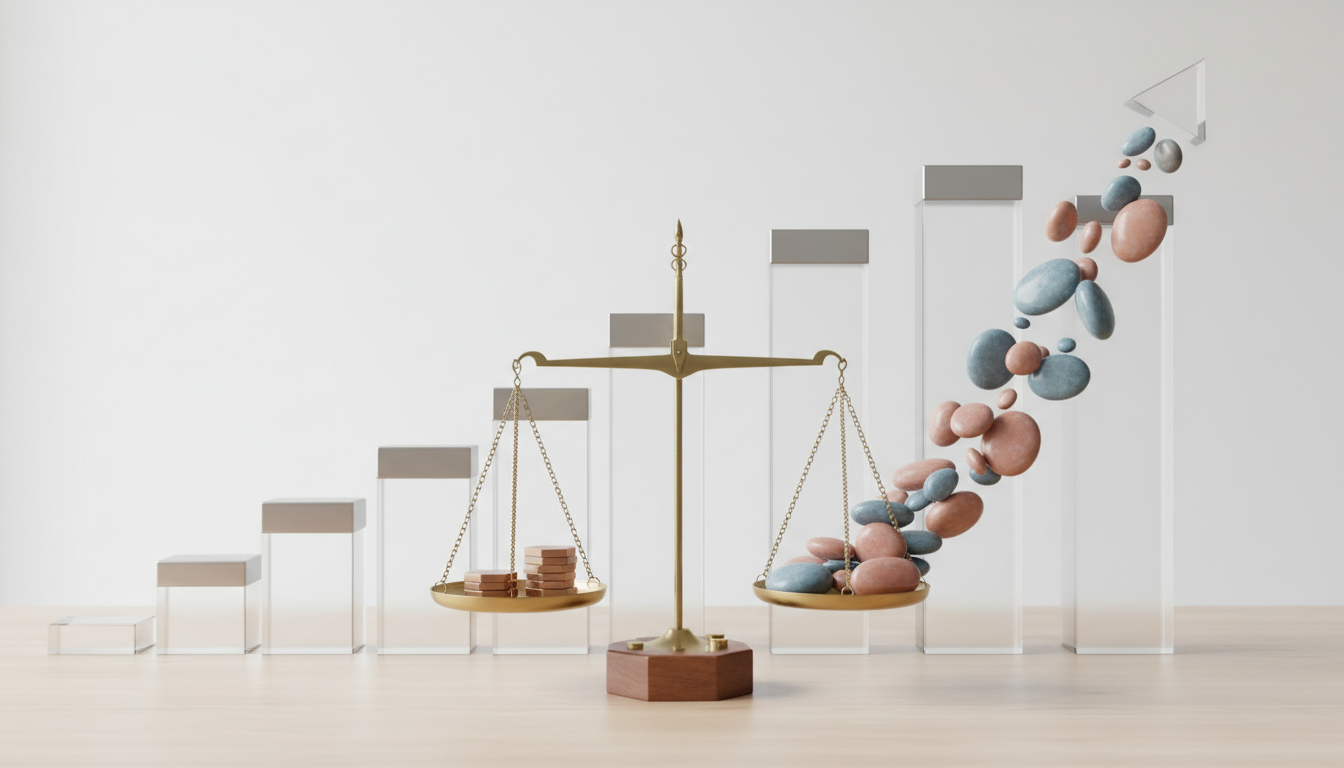 A minimalist still life on a light wood desk featuring a brass balance scale. One side holds a small stack of metal tokens, the other holds a small green plant, symbolizing a posit