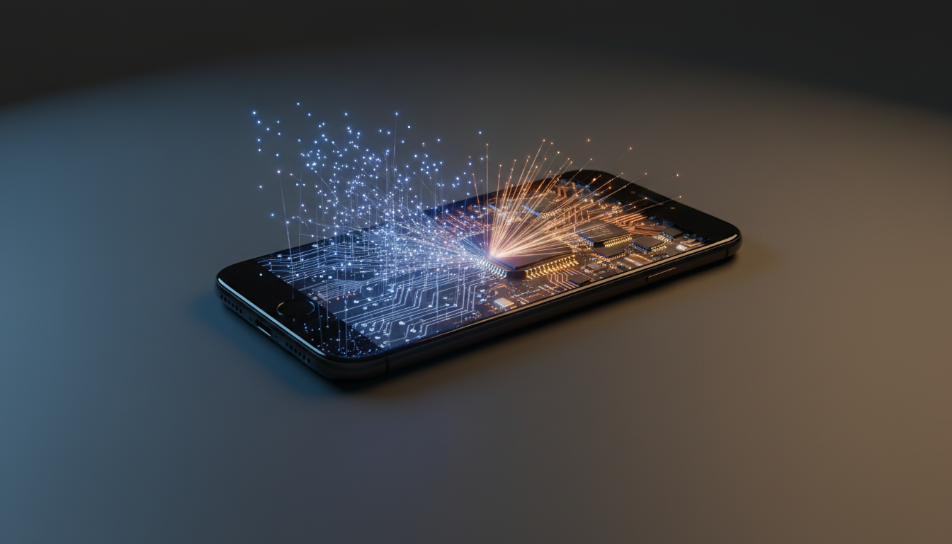 A conceptual editorial image of a smartphone split in two, with one half made of glowing digital web nodes and the other half revealing exposed metallic microchips and hardware cir