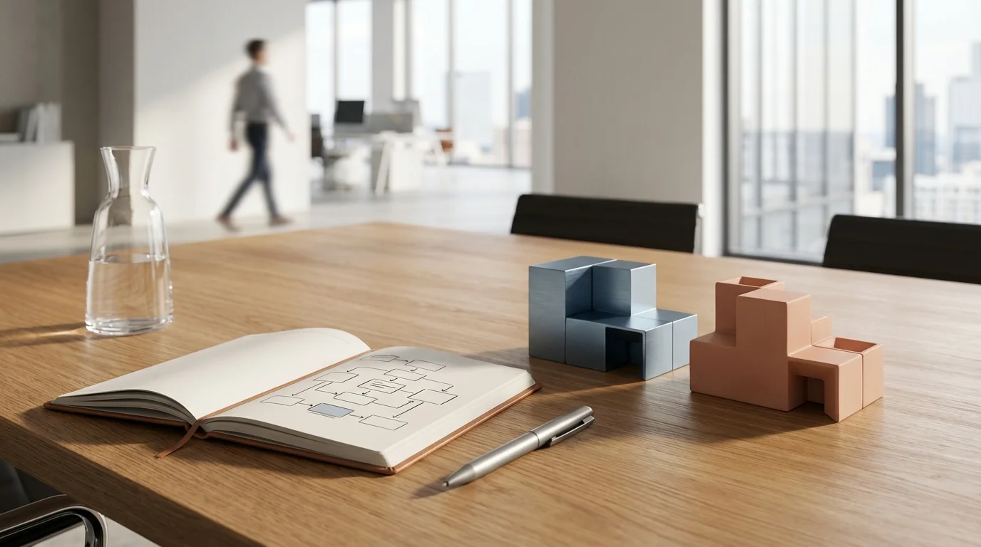 A minimalist and professional meeting setup on a wooden table in a bright, modern office, featuring an open notebook and a glass carafe, representing a strategic consultation envir
