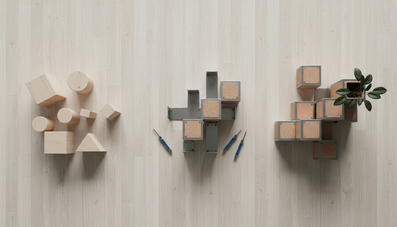Overhead view of a minimalist workspace showing the app development process as a sequence of objects, from simple wooden blocks on the left to a polished acrylic form on the right,