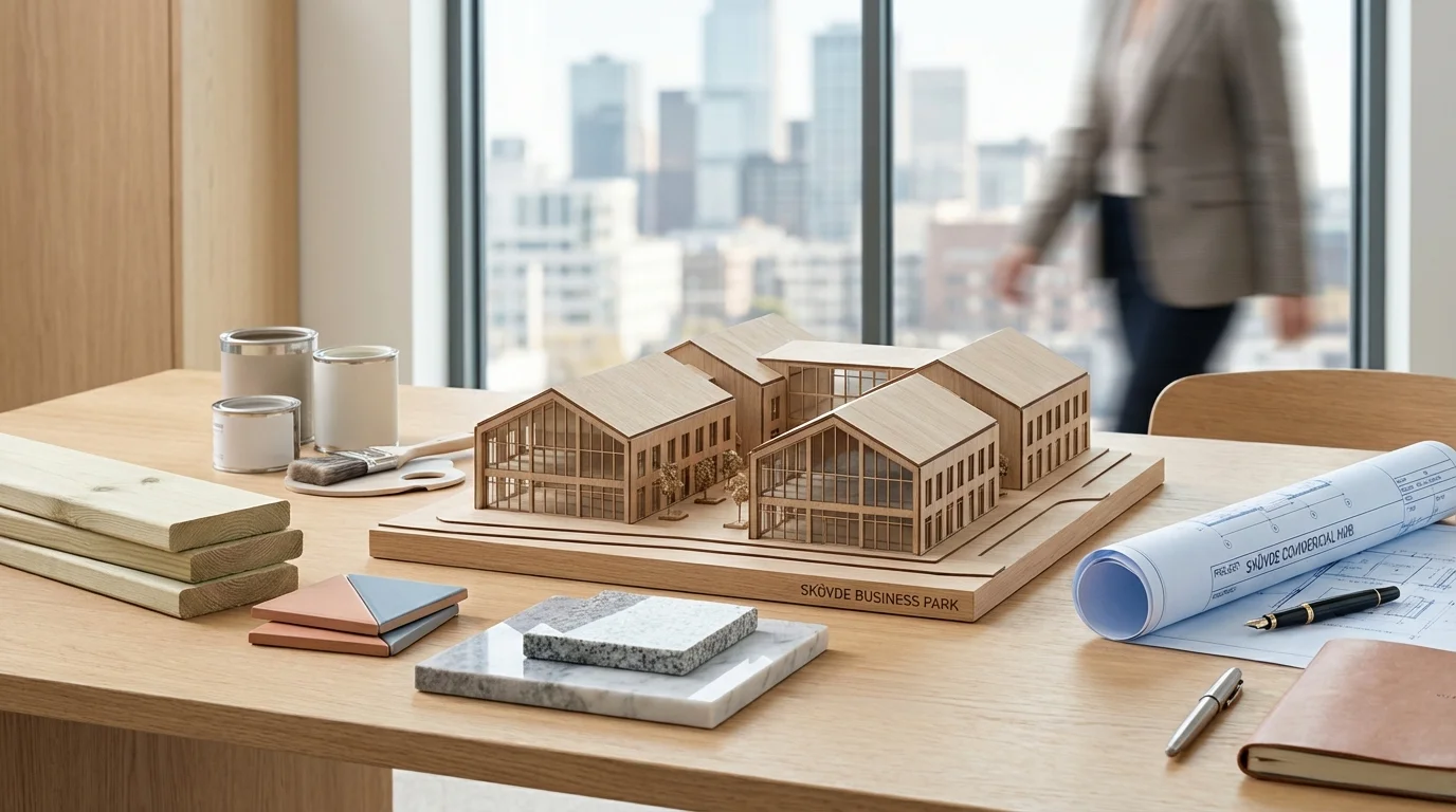 A minimalist editorial still-life featuring an architectural model of a modern building and rolled blueprints on a light wood surface, representing strategic planning and technical