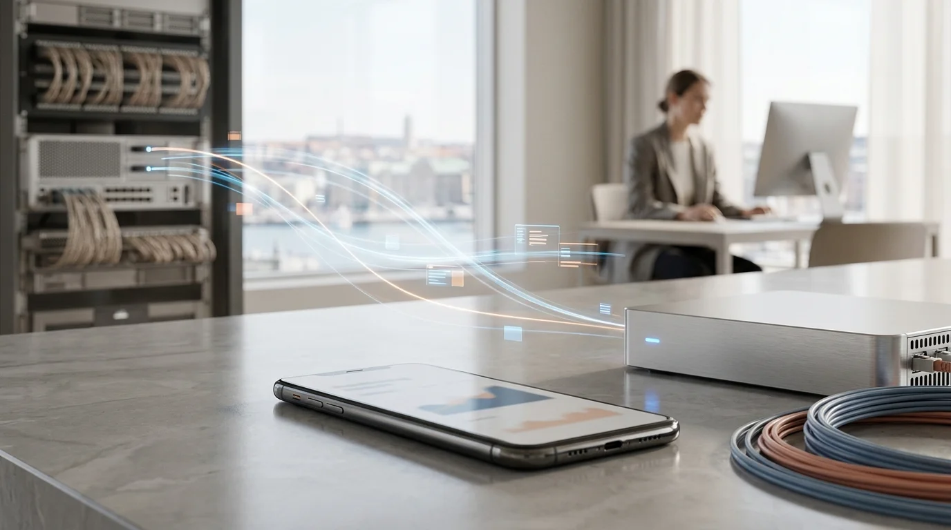 A high-end smartphone and sleek server hardware on a stone surface with a blurred Gothenburg city view in the background, representing fast web performance.
