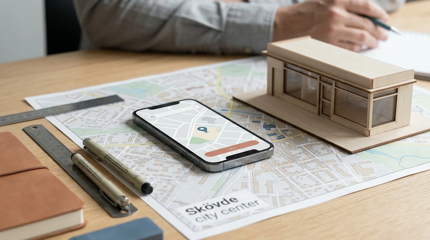 A professional still-life scene featuring a physical map of Skövde, a modern smartphone with a map pin icon, and a small architectural model of a local business on a wooden desk.