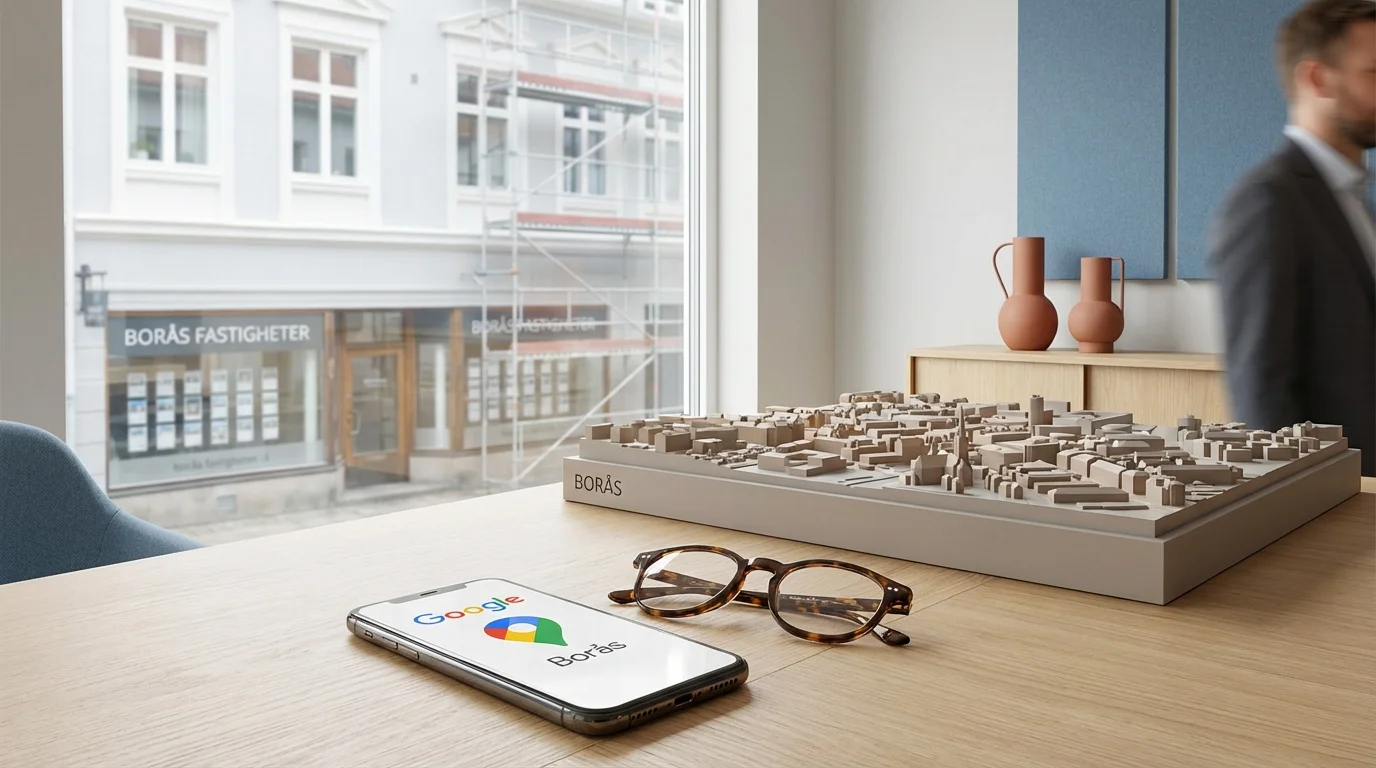 A professional still-life of a smartphone showing a map with a red location pin on a wooden desk, with a blurred architectural model of a city in the background.