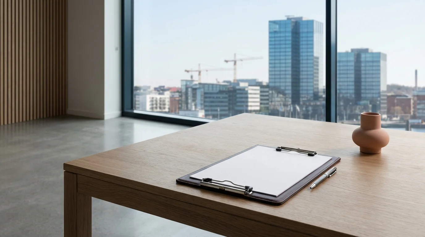 A professional still-life of a clipboard on a wooden desk in a bright office overlooking the modern Gothenburg skyline, representing a strategic business evaluation.
