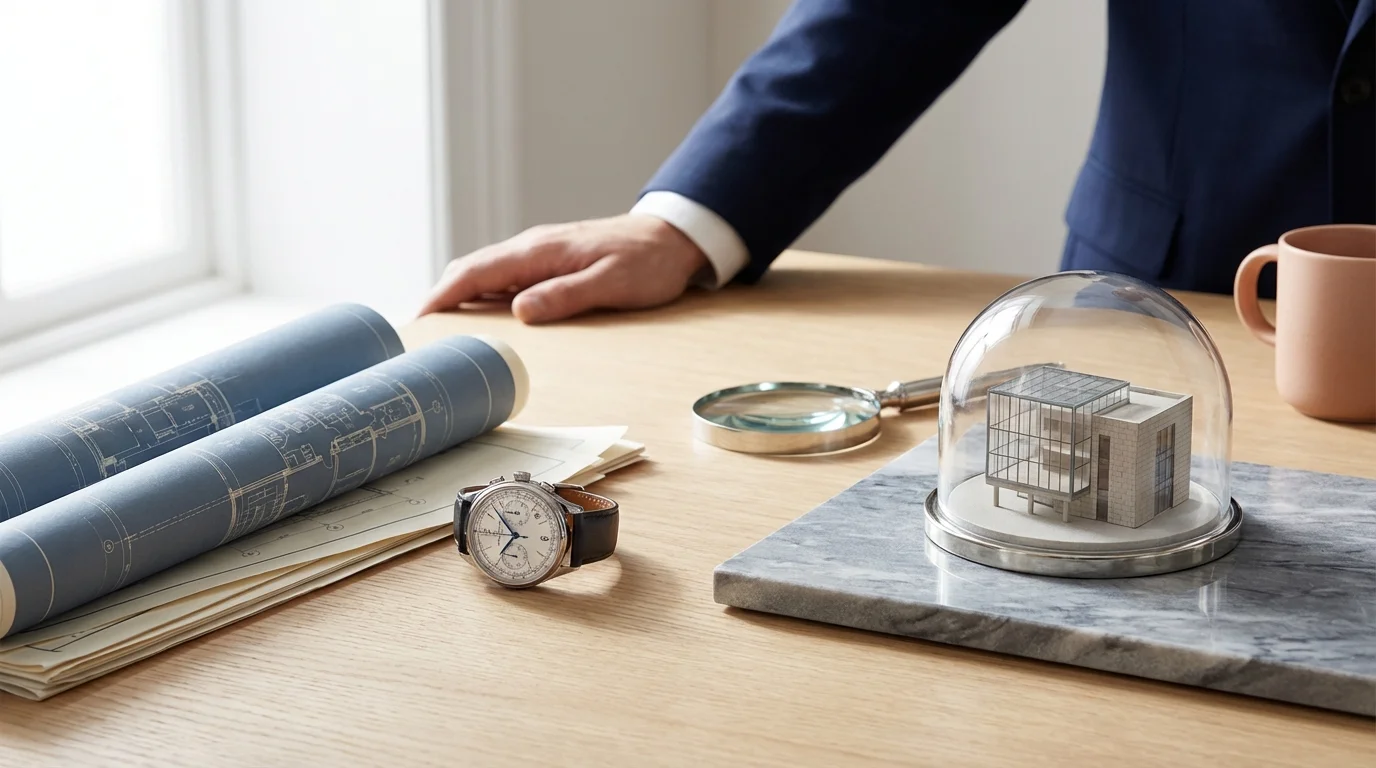 A minimalist editorial still-life featuring a precision chronometer, architectural blueprints, and a magnifying glass on a light wood surface, representing technical maintenance an