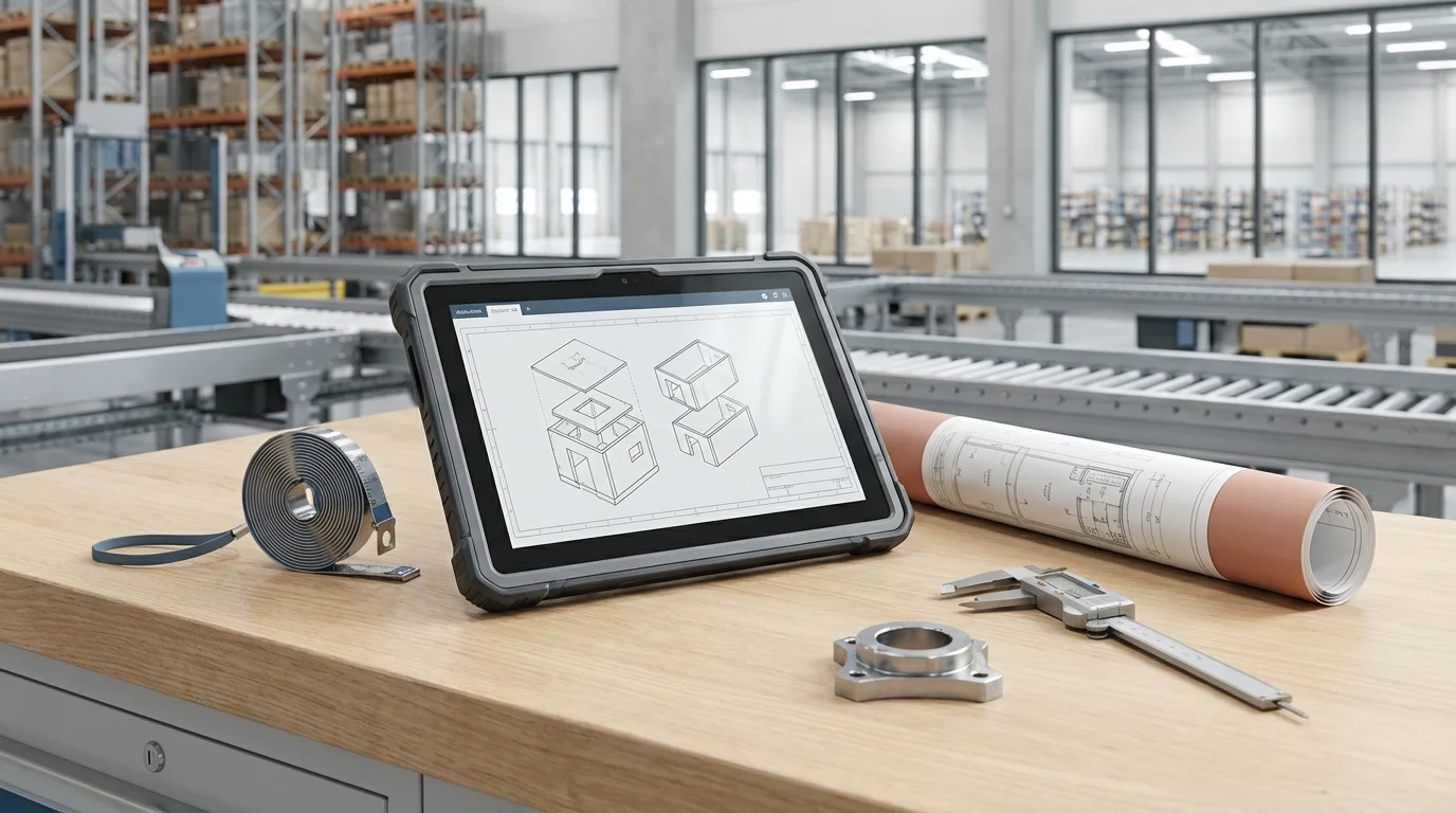 A professional still life of a tablet and industrial tools on a wooden workbench in a bright, modern warehouse setting, representing custom digital solutions for business efficienc