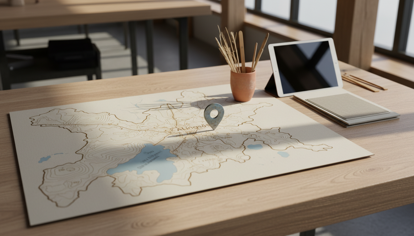 A craftsman's workbench with trade tools lying next to a stylized map of Alingsås, where a single location pin marks the town center.