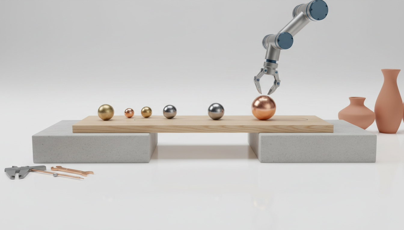 A minimalist still life showing polished metallic cubes moving across a smooth wooden bridge between two solid stone bases, representing a careful and precise migration of valuable
