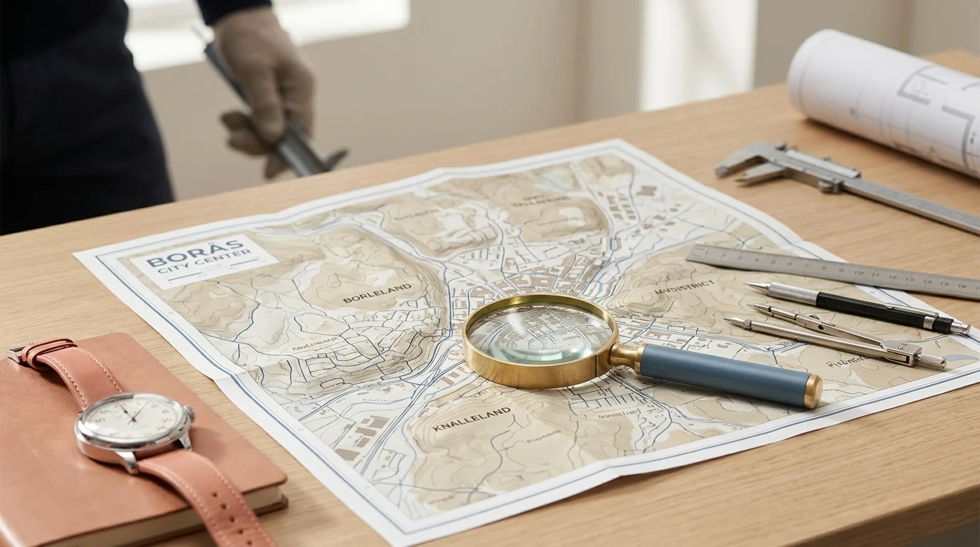A professional still-life scene featuring a map of Borås, a magnifying loupe, and precision technical tools on a wooden desk in bright natural light.