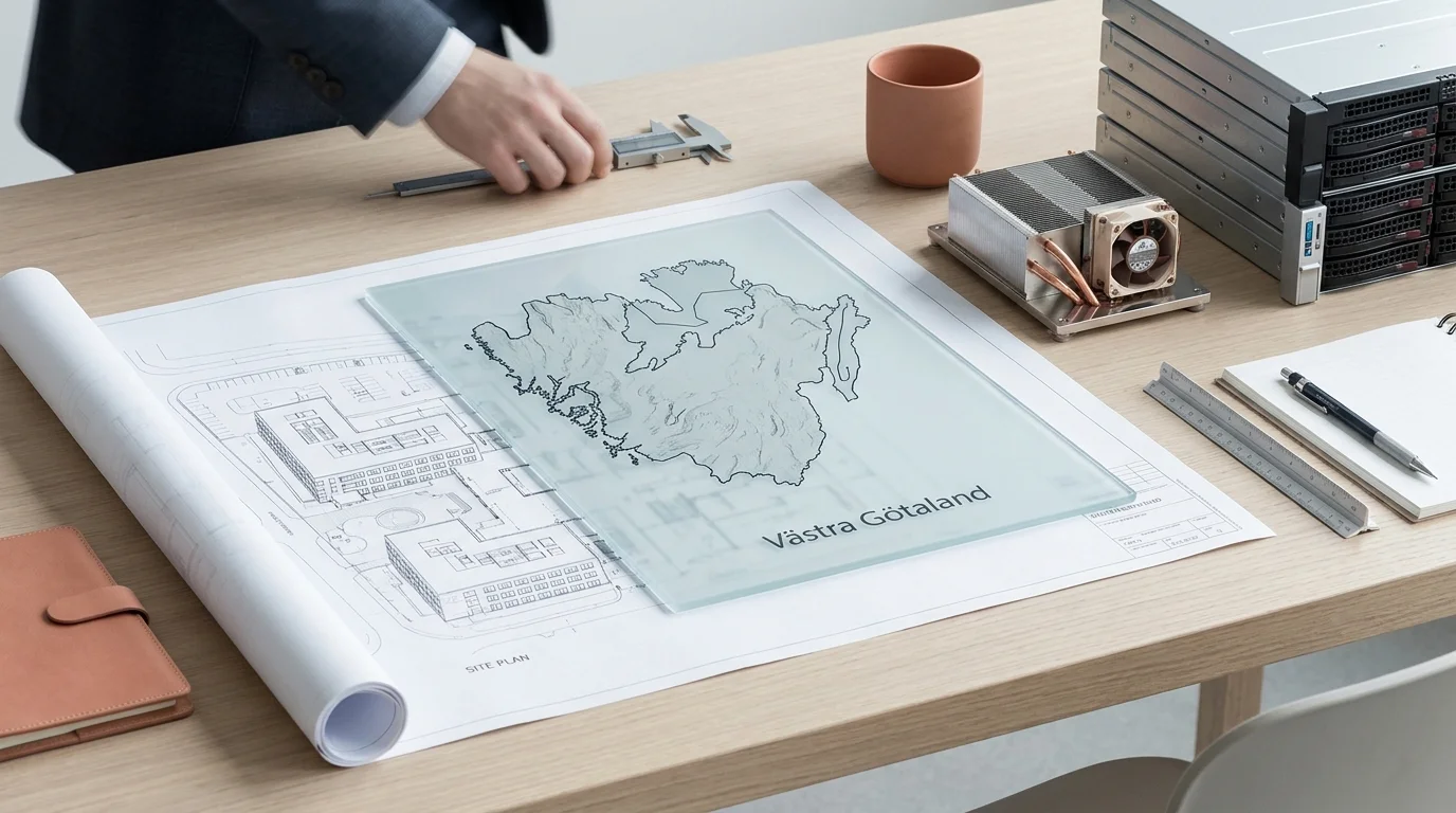 A minimalist, high-angle editorial photograph featuring a glass map of Western Sweden and architectural plans on a clean surface, symbolizing strategic local SEO and technical foun