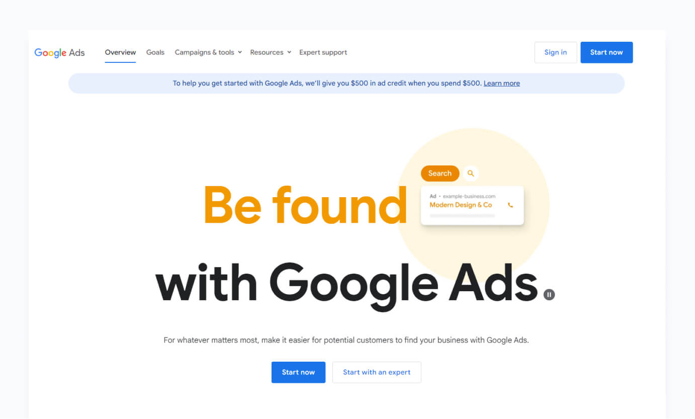 Google Ads landing page