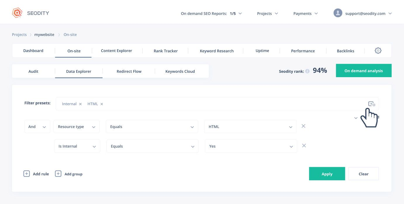 Data explorer presets, filter of HTML and internal webpages.