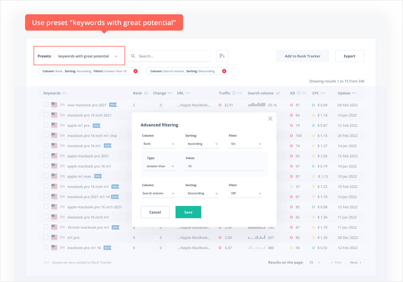 Use preset to set relevant filters to the Organic Traffic