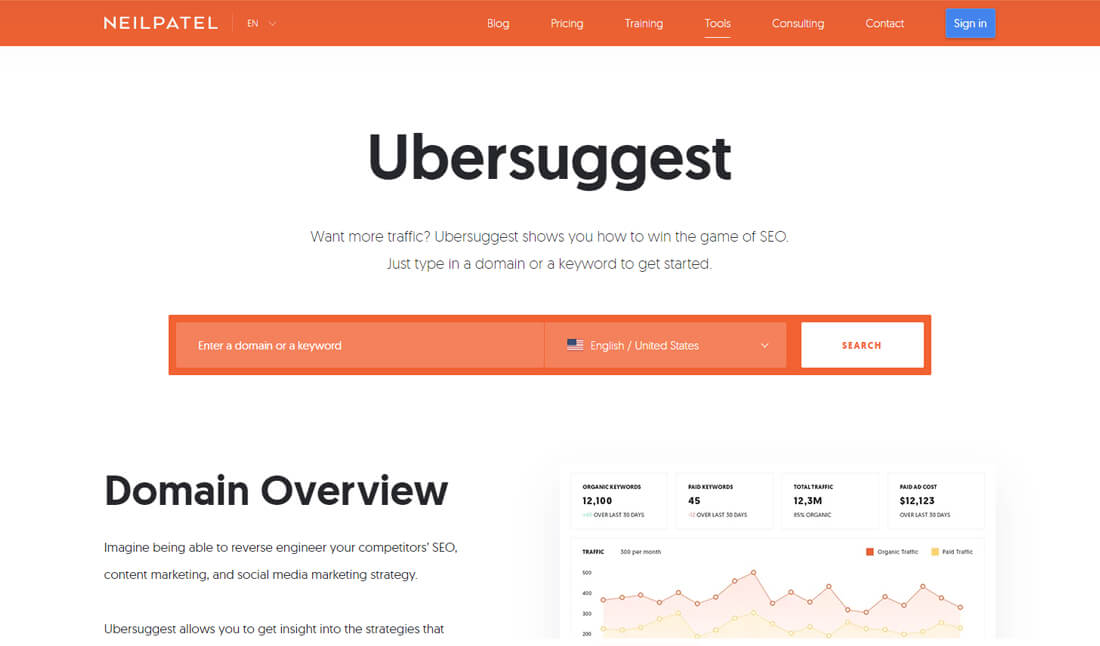 Ubersuggest homepage screen-shot