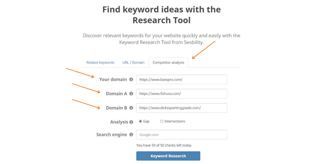 SEObility find keyword ideas screen-shot of competitor analysis