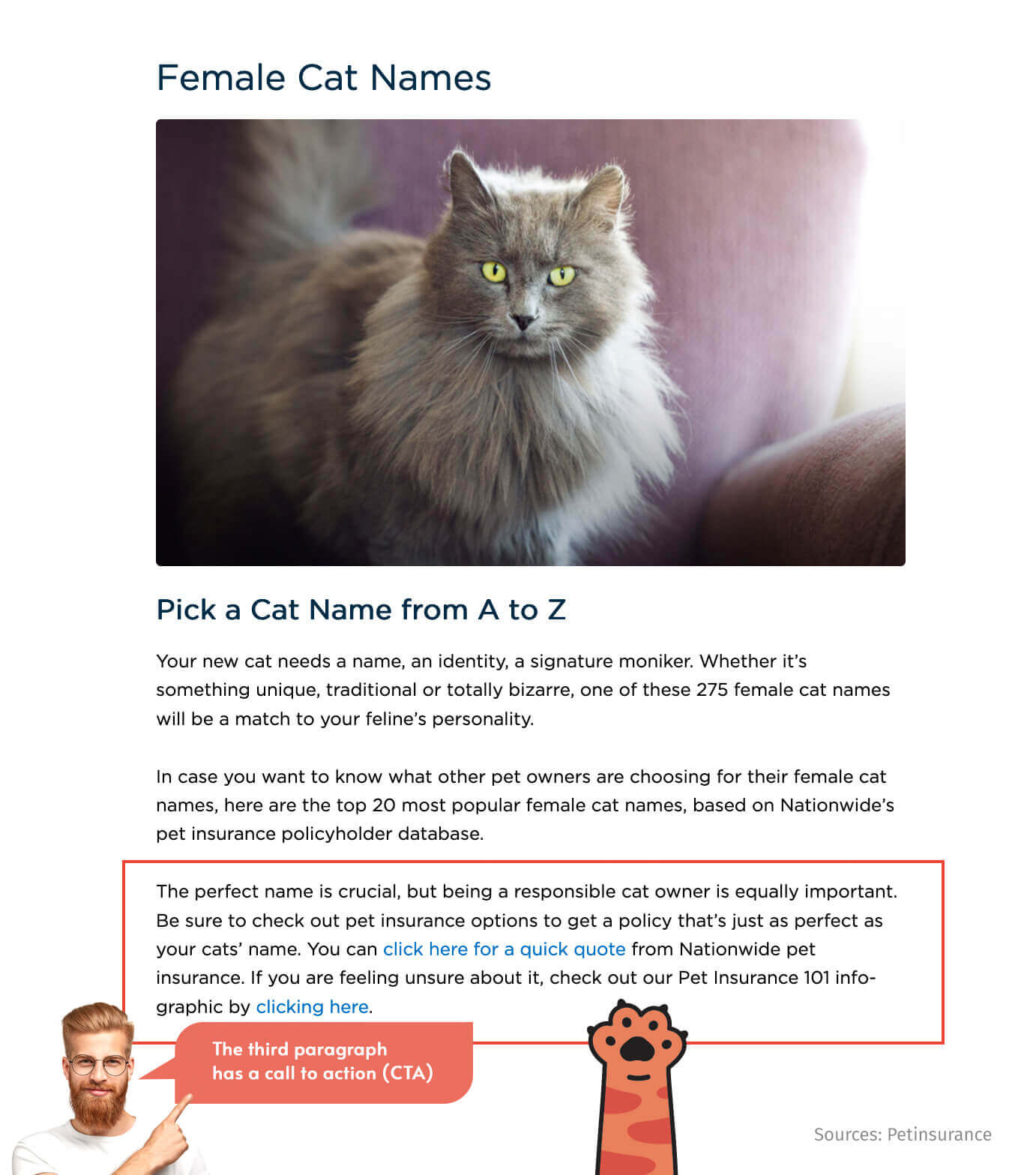 A website that offers pet insurance products attracts new customers with an article about popular female cat names