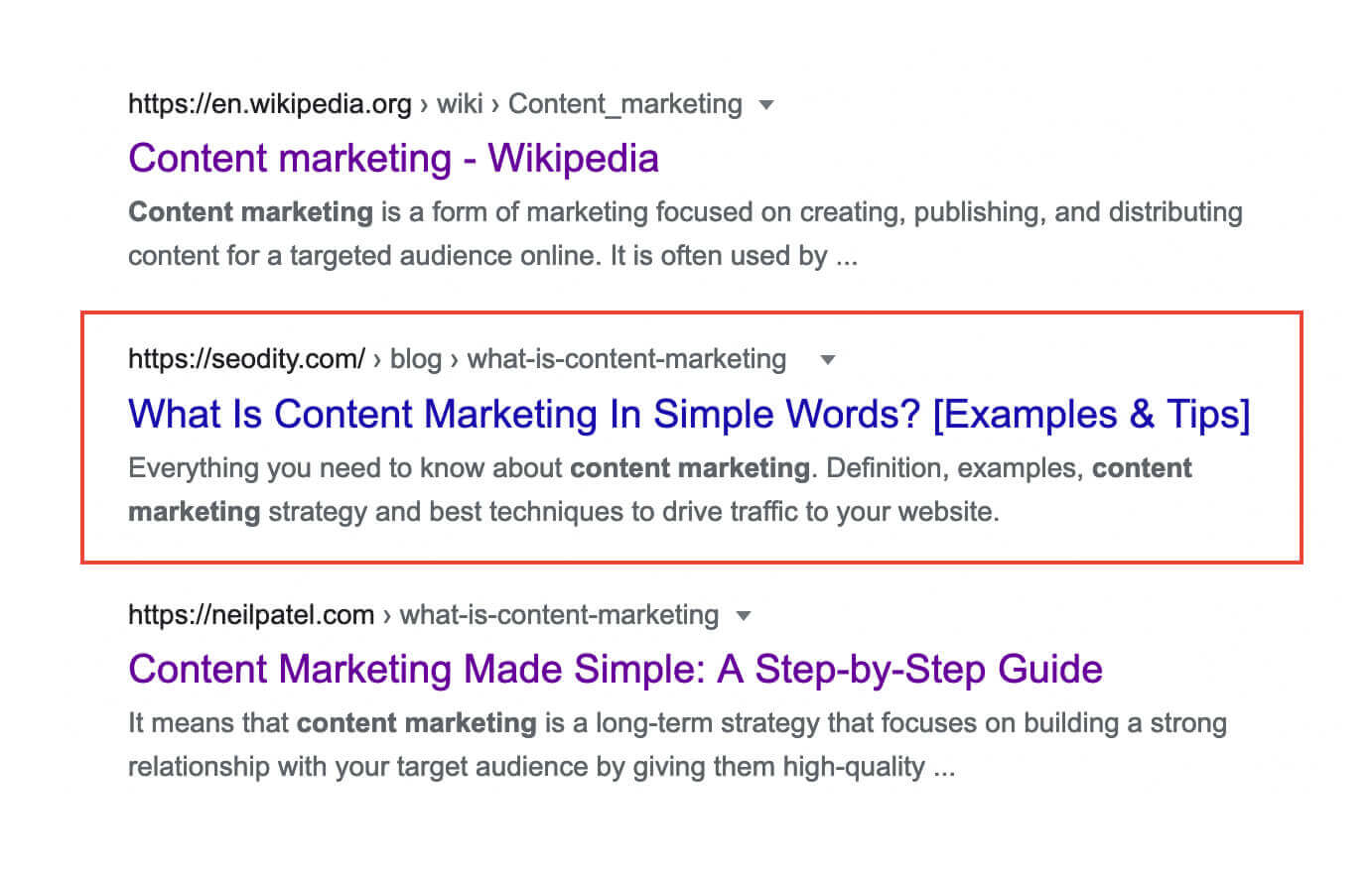 Google search results for content marketing definition