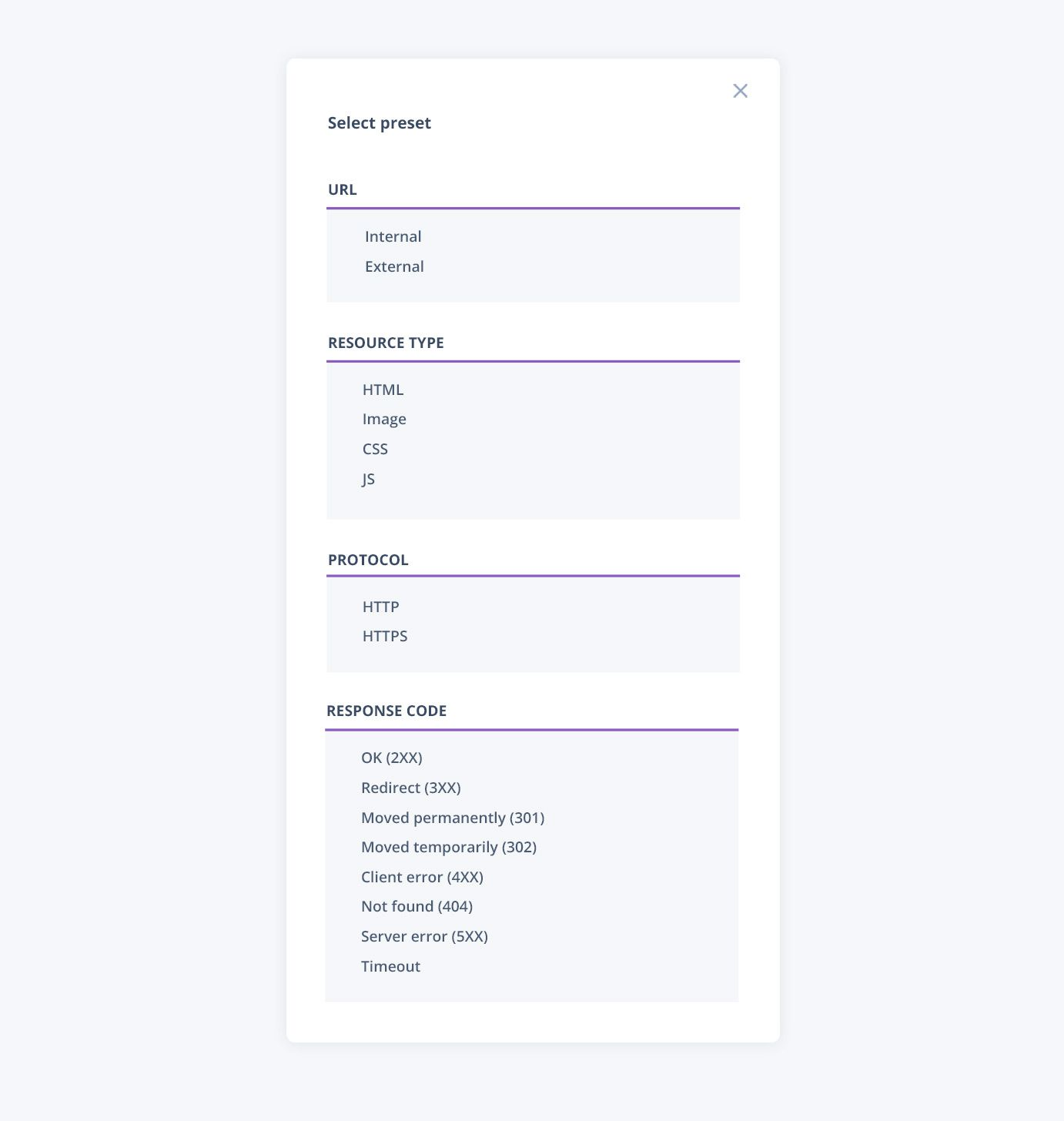 Presets list where you can find URL, resource types, protocols, and response codes presets.