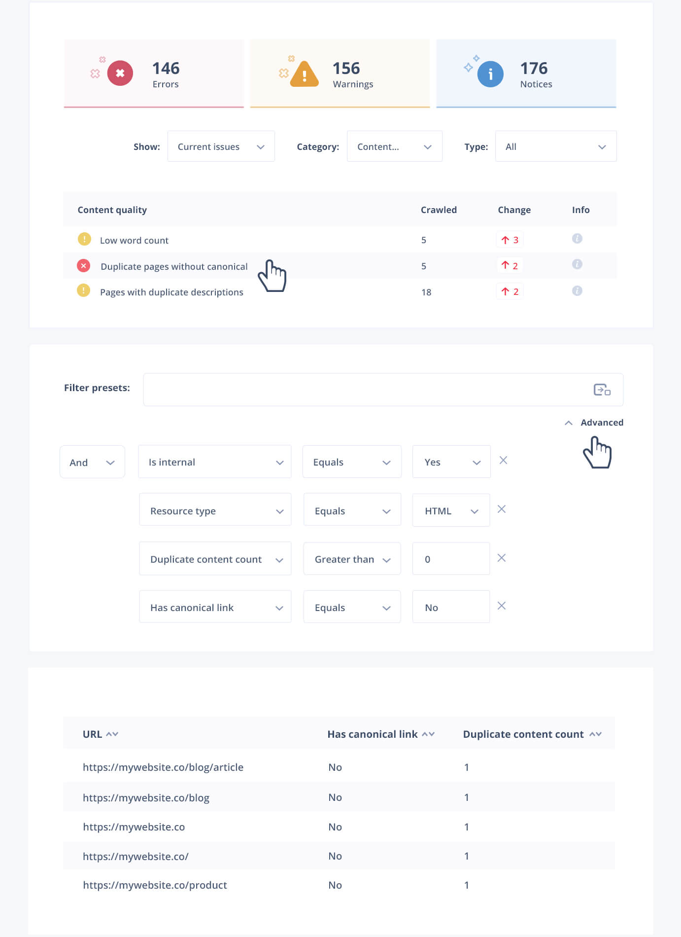 Duplicate content analysis.