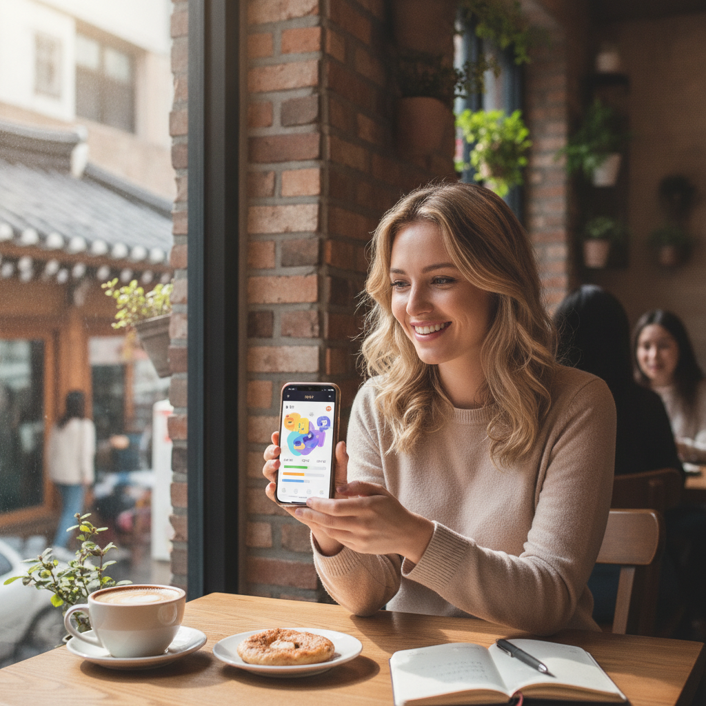 A person happily using a language learning app on their smartphone while sitting in a cozy Seoul cafe
