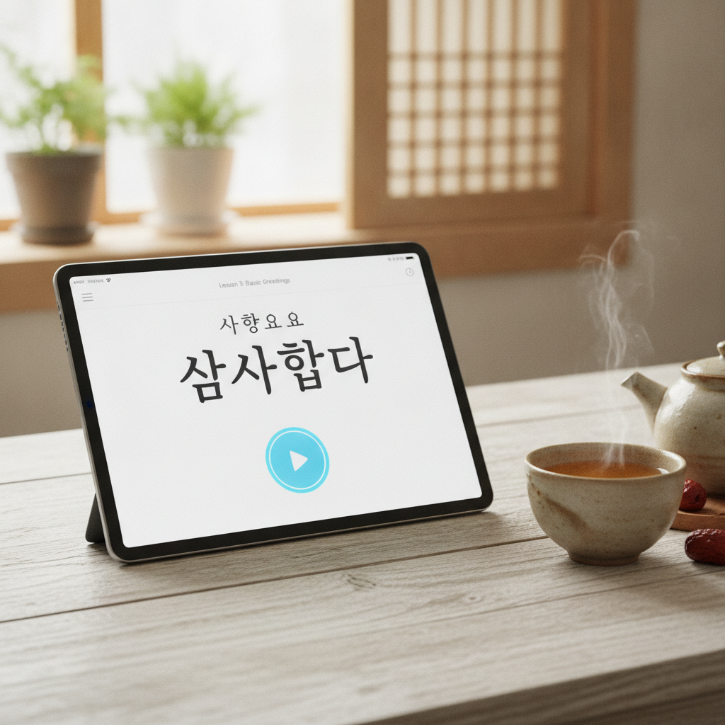 A tablet displaying a Korean language lesson with Hangul characters and an audio icon, next to a cup of traditional Kore