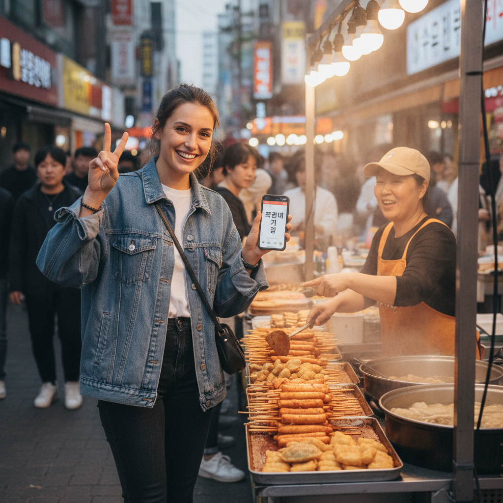 A tourist confidently ordering street food from a vendor in Myeongdong, using a few Korean phrases