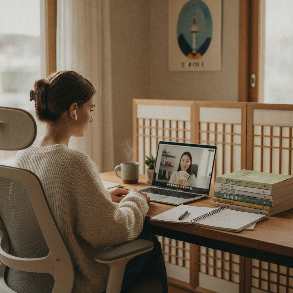 A person sitting at a desk, surrounded by Korean language textbooks and a laptop displaying a video lesson