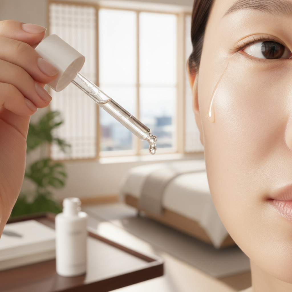 A person's hand gently applying a dropper of clear serum to their cheek, showcasing a smooth, bright complexion, with a