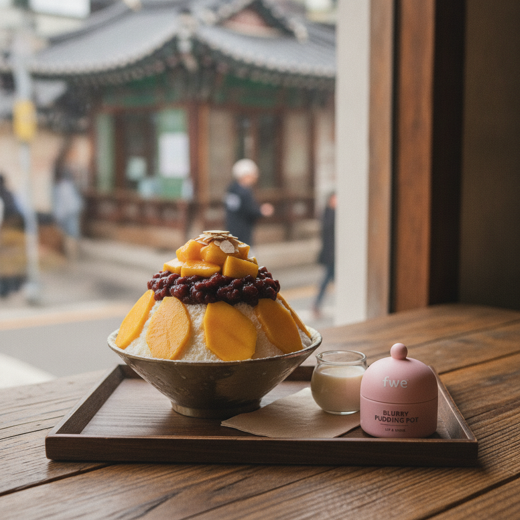 A beautifully plated Korean dessert, perhaps bingsu or hoddeok, on a cafe table with a fwee Lip & Cheek Blurry Pudding P
