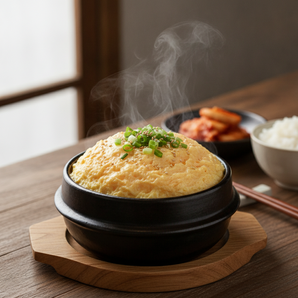 A steaming hot bowl of fluffy Gyeran Jjim (Korean steamed egg) garnished with green onions and sesame seeds