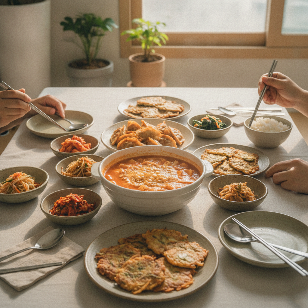 A beautifully arranged table with various Korean banchan (side dishes) alongside a main meal, showcasing communal dining