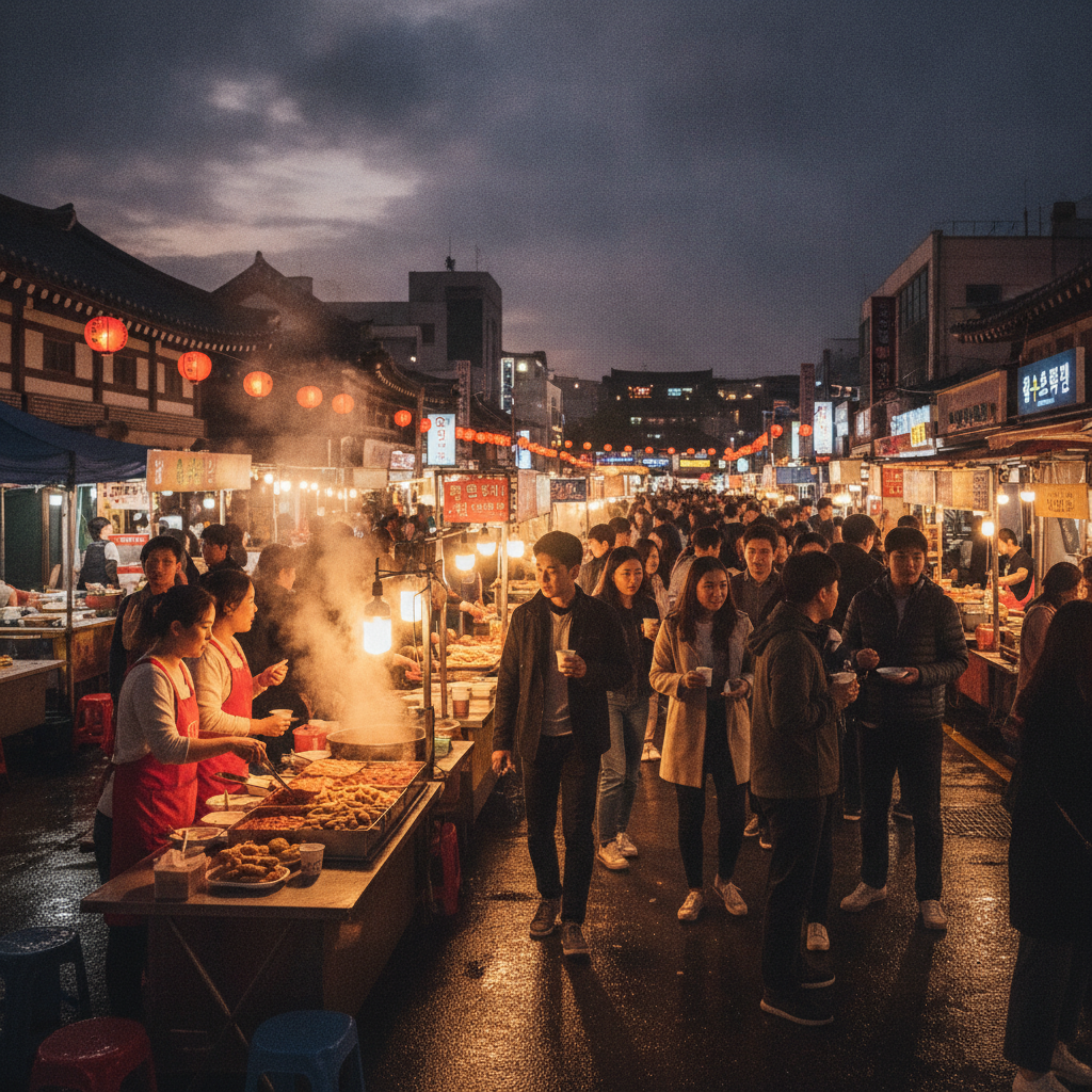 A bustling Korean street food market scene at night, with various food stalls illuminated and people enjoying snacks