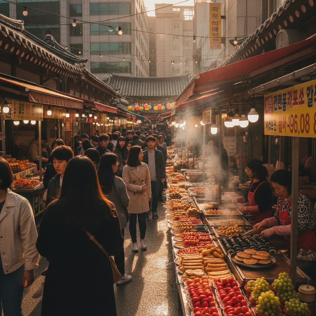 A bustling street market in Seoul with vibrant colors and delicious street food stalls