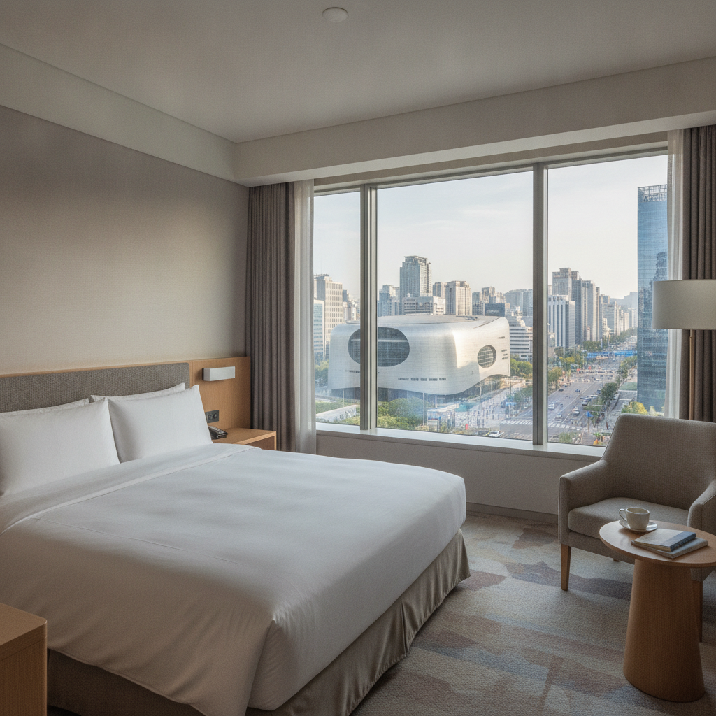 A modern, clean hotel room with a view of Dongdaemun Design Plaza in Seoul