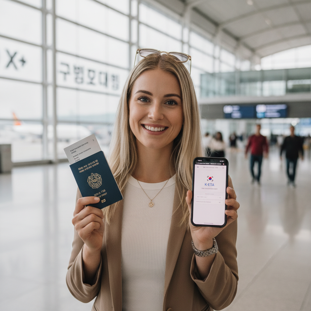 A traveler holding a passport and a smartphone with the K-ETA official website open, smiling at an airport terminal