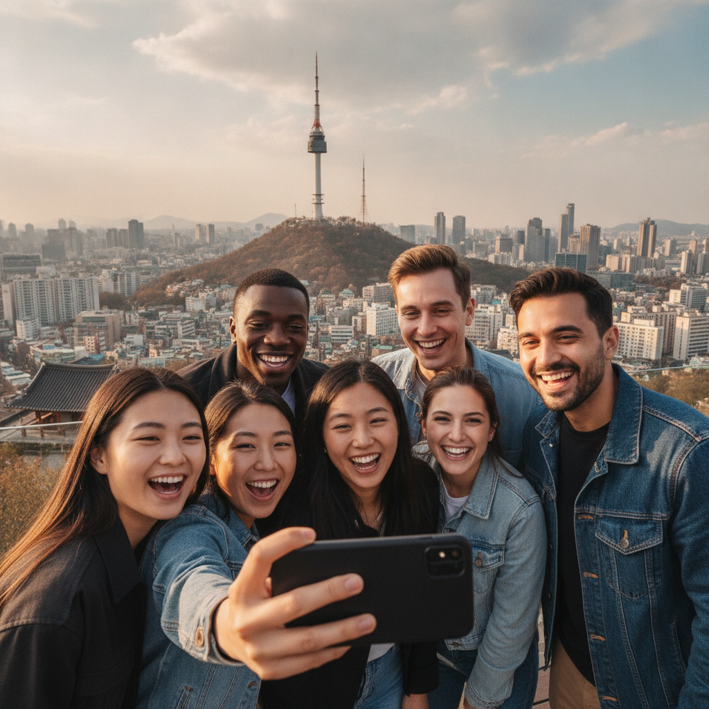 A diverse group of friends smiling and taking a selfie in front of Namsan Tower, with Seoul's skyline in the background
