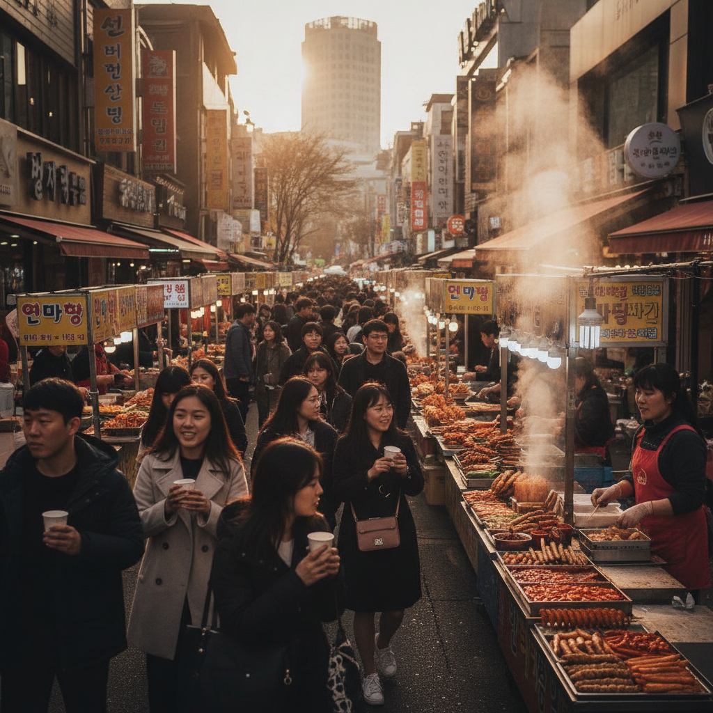 A bustling street market in Myeongdong with colorful street food stalls and people enjoying snacks