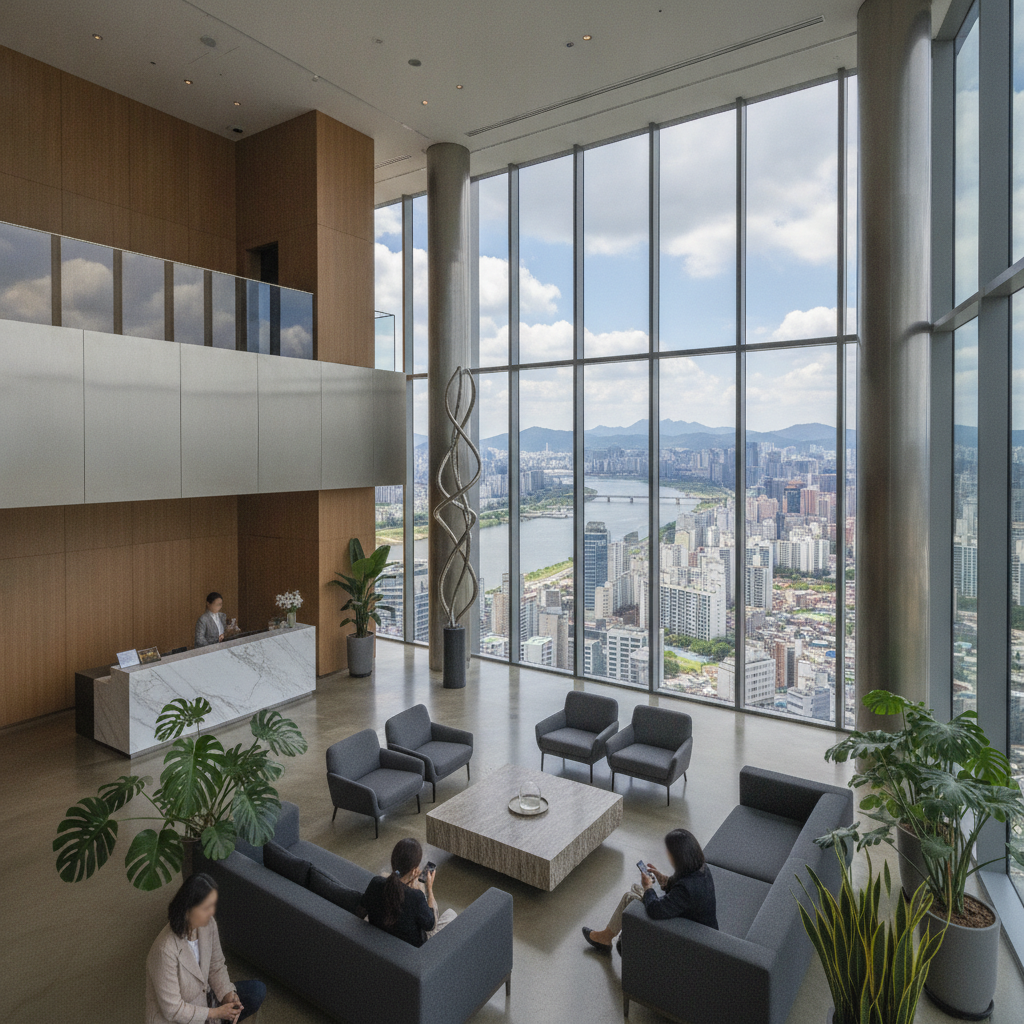 A modern hotel lobby in Mapo-gu, Seoul, with sleek design and large windows, showing city views