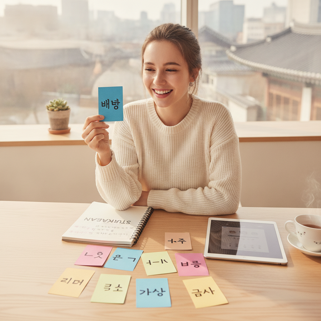 A student happily studying Hangeul with colorful flashcards and a notebook on a desk in a bright room