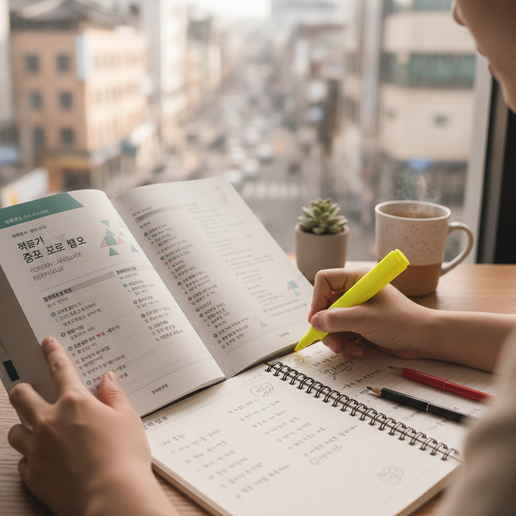 A student highlighting Korean grammar points in a textbook, with a notebook full of practice sentences