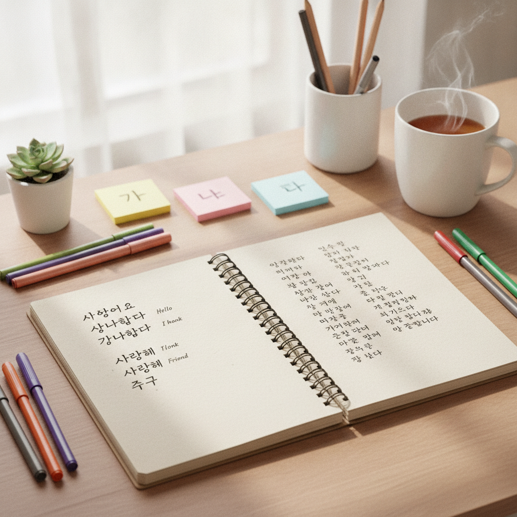 A neatly organized notebook with Korean vocabulary lists, colorful pens, and sticky notes