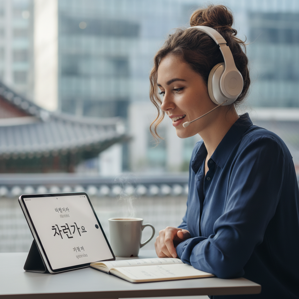 A person wearing headphones, speaking into a microphone while looking at Korean text on a tablet, practicing pronunciati