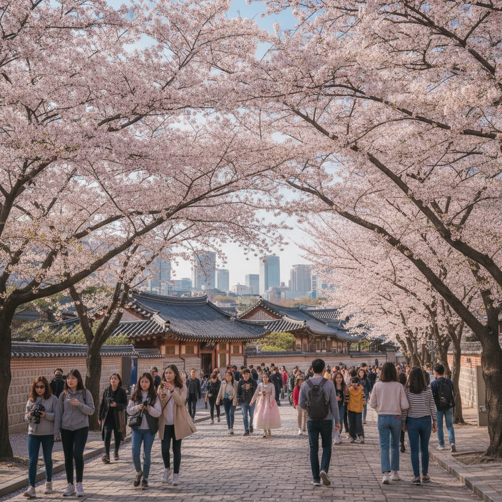 A vibrant street in Seoul lined with cherry blossom trees, with people strolling underneath and traditional buildings in