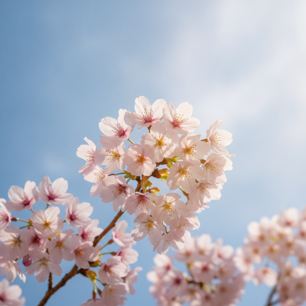 A close-up of delicate pink cherry blossoms against a clear blue sky, with soft sunlight filtering through the petals