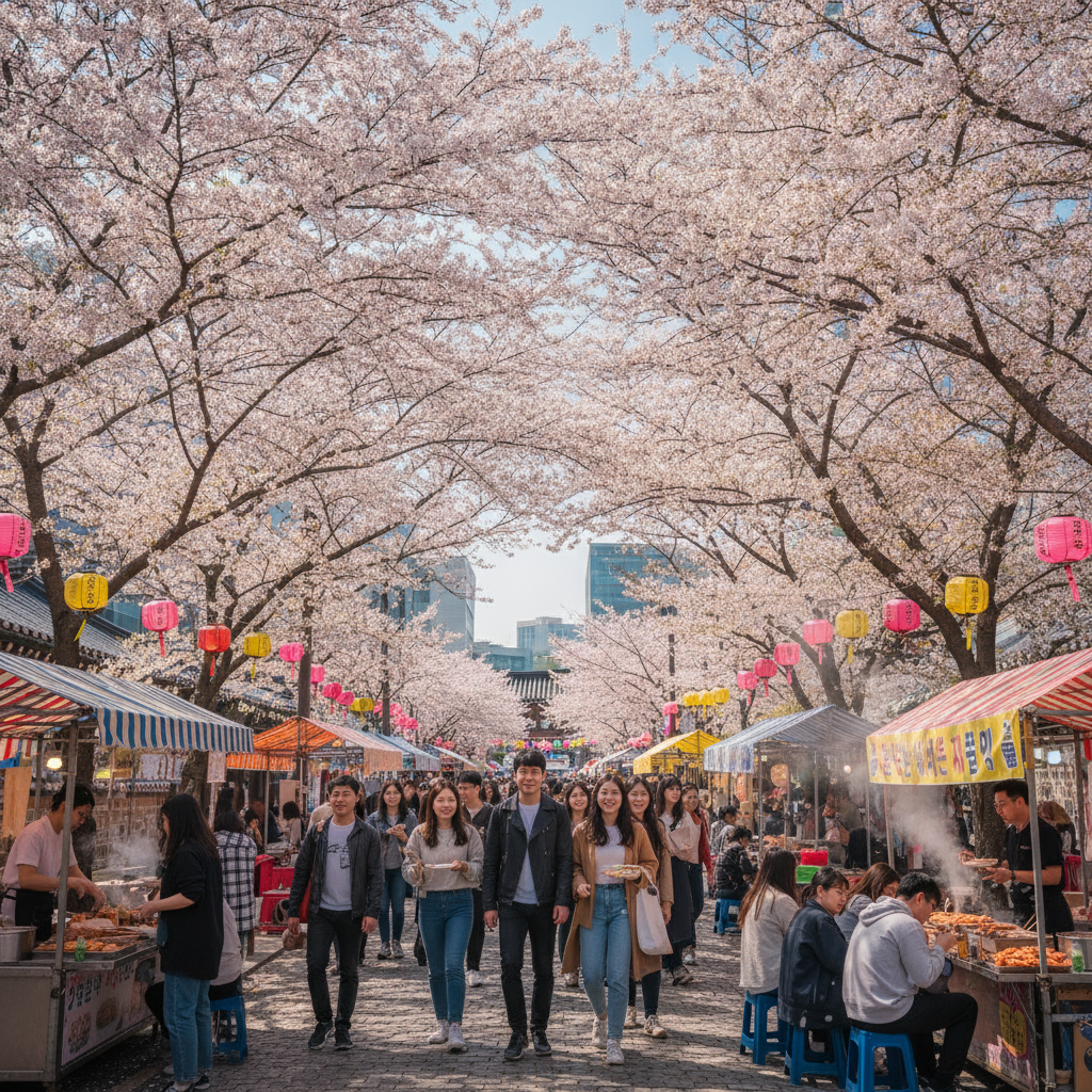 A bustling street festival scene under a canopy of cherry blossoms, with food stalls and people enjoying the festive atm