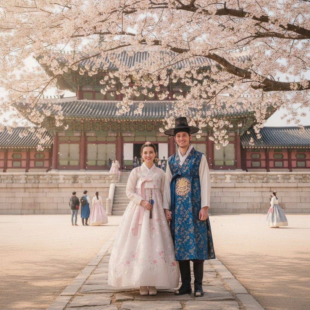 A couple in traditional hanbok attire posing under cherry blossom trees at a historic Korean palace