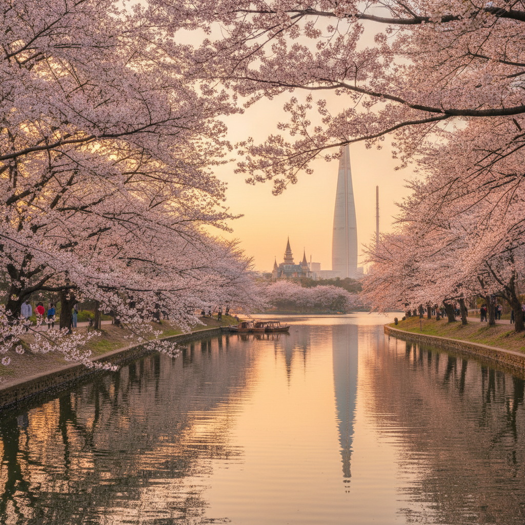 A serene view of Seokchon Lake with cherry blossoms lining the banks and Lotte World Tower visible in the background at