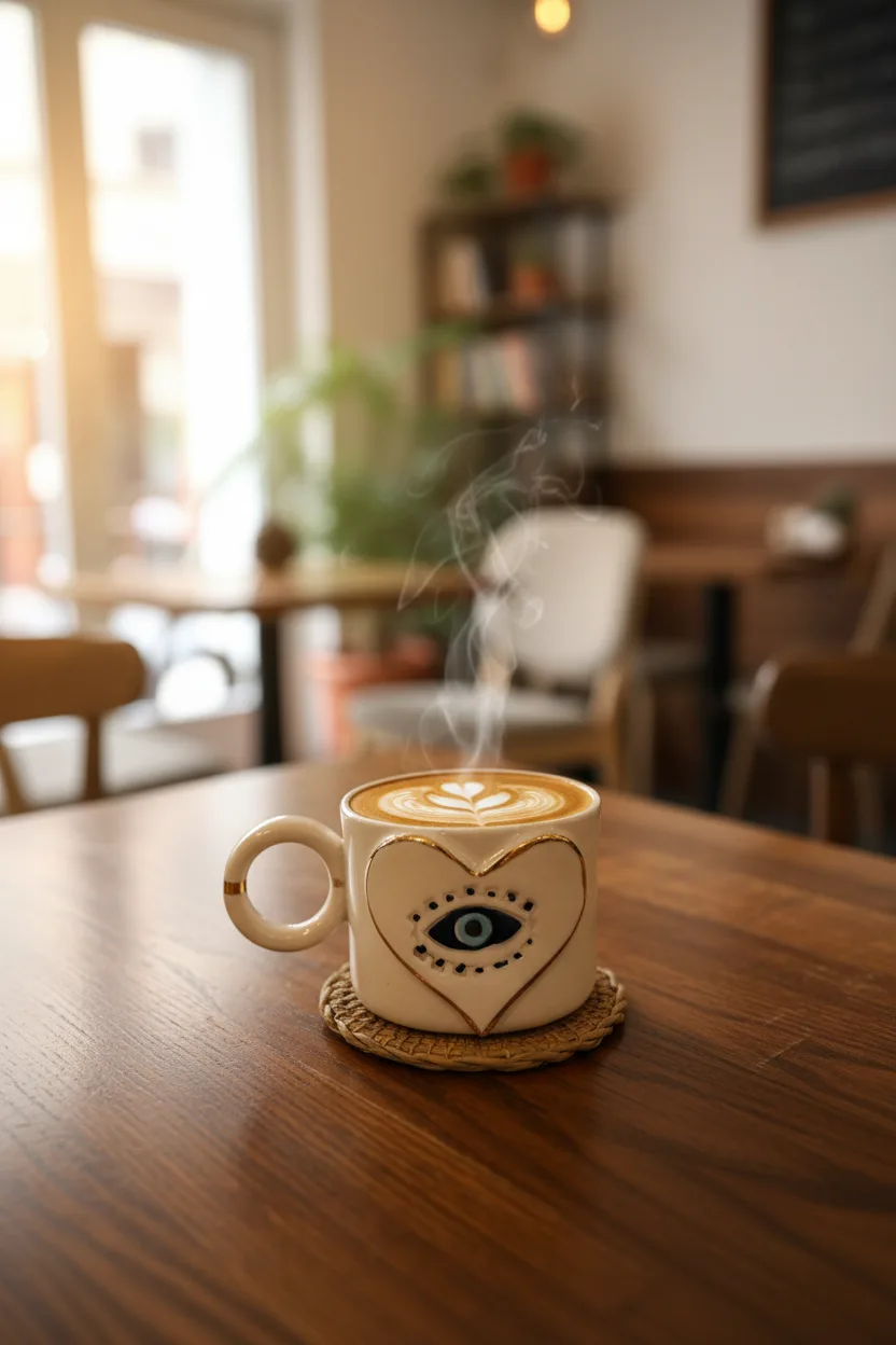 Kalp Gözü Seramik Mug 250ml & 24k Altın Dekor & El Yapımı