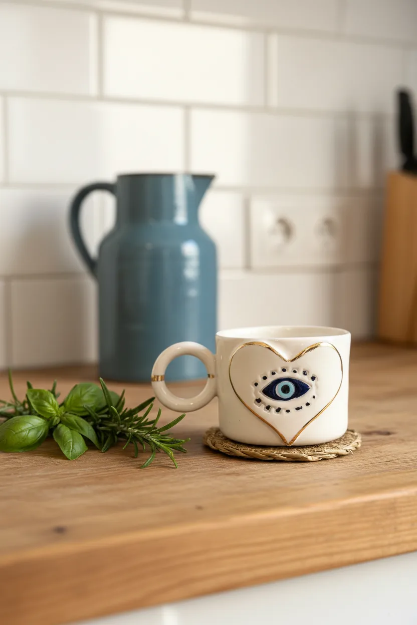 Kalp Gözü Seramik Mug 200ml & 24k Altın Dekor & El Yapımı